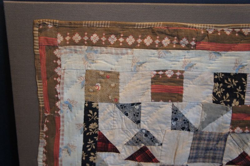 1850-60 brown and red doll quilt 15&quot; by 17&quot; newly mounted