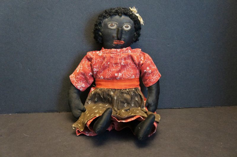19th C. Black cloth doll with an amazing face, astrakhan hair 13&quot;