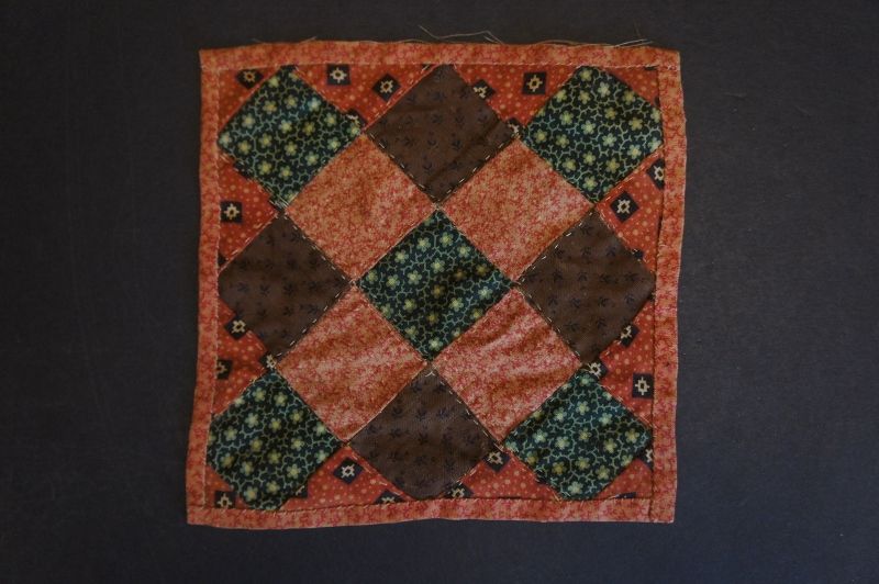 6&quot; square antique doll quilt red and brown calico Circa 1880