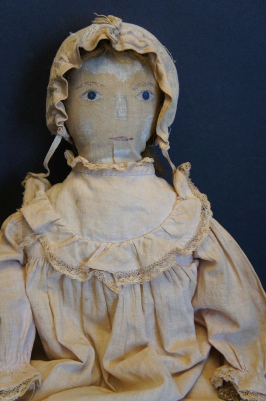 19&quot; painted face doll real hair, leather hands nice clothes 1880-90