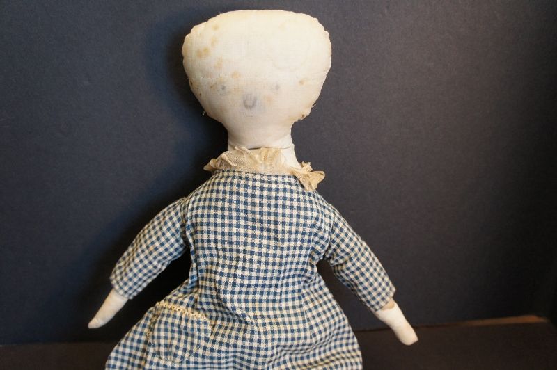 Perky little antique cloth doll with blue check dress with pocket 18&quot;