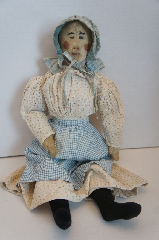 24&quot; folky painted face cloth doll rosy red cheeks Circa 1880