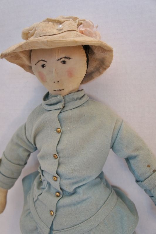 A llovely antique cloth doll lady 21&quot; with embroidered face C1880