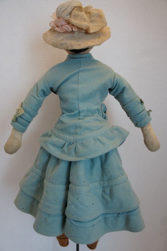 A llovely antique cloth doll lady 21&quot; with embroidered face C1880