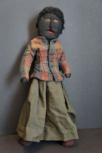 19 C. stocknette black doll, embroidered face, great clothes wire body