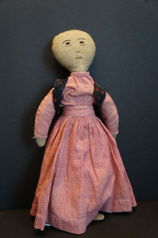 Simple flannel rag doll with nicely embroidered face.16&quot; tall C. 1890