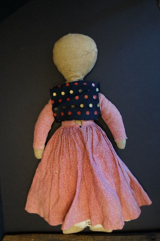 Simple flannel rag doll with nicely embroidered face.16&quot; tall C. 1890