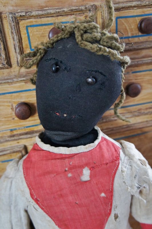 21&quot;  black doll with shoe button eyes and yarn hair.