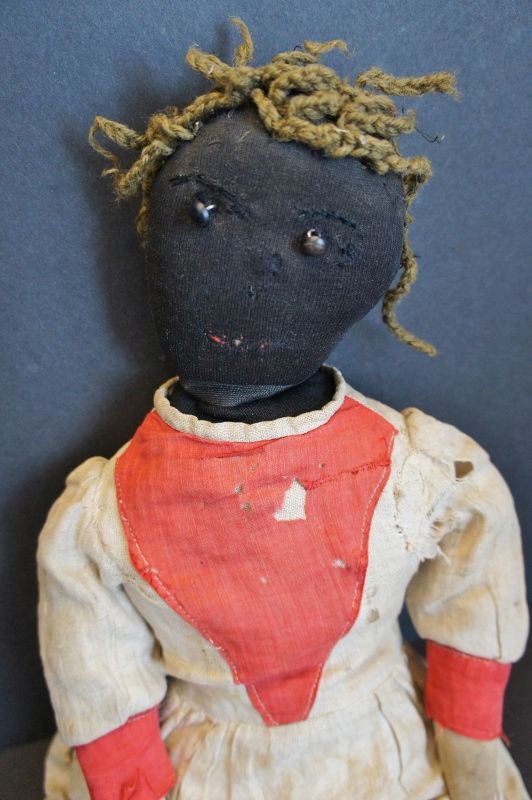 21&quot;  black doll with shoe button eyes and yarn hair.