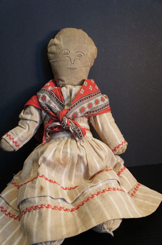 18&quot; all hand sewn simple rag stuffed doll, flannel dress C1880