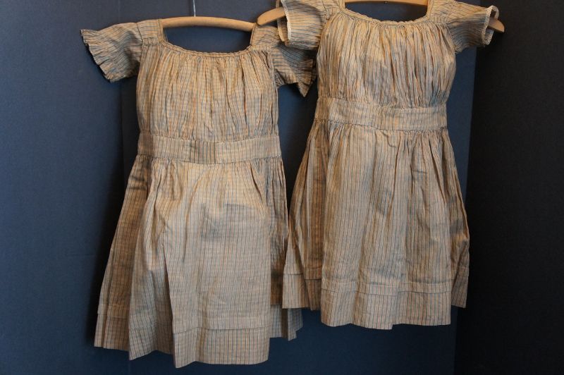 Two child's amazing brown and blue 1860 dresses
