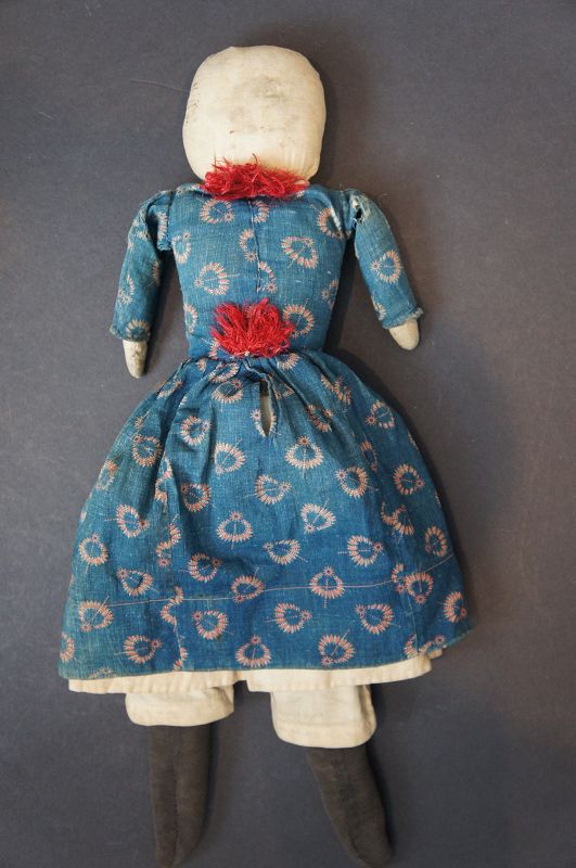 Old folky rag doll all original with pencil face great blue dress