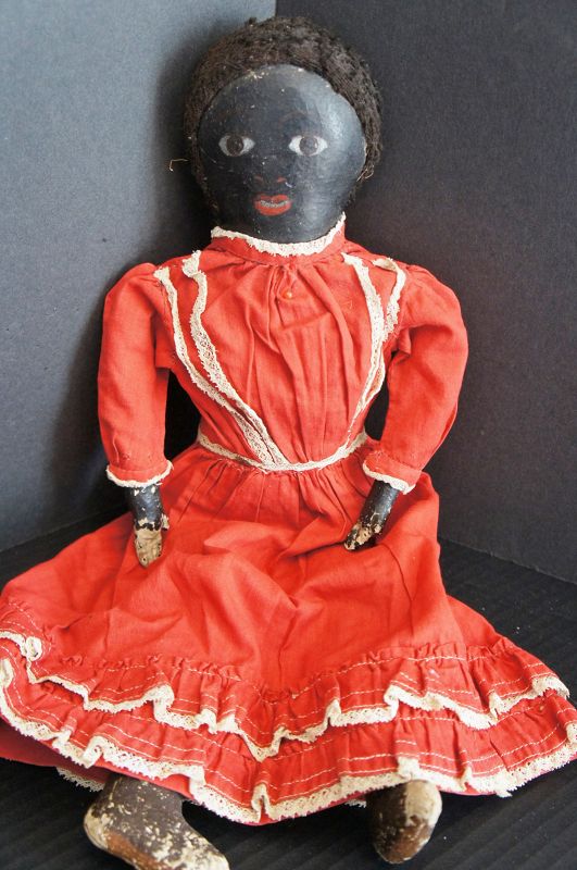 17&quot; naive painted black cloth doll lovely face C. 1880