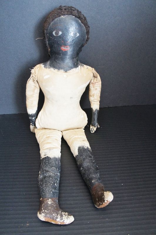 17&quot; naive painted black cloth doll lovely face C. 1880