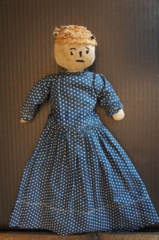 Antique rolled cloth doll with polka dot dress 11&quot; C. 1890