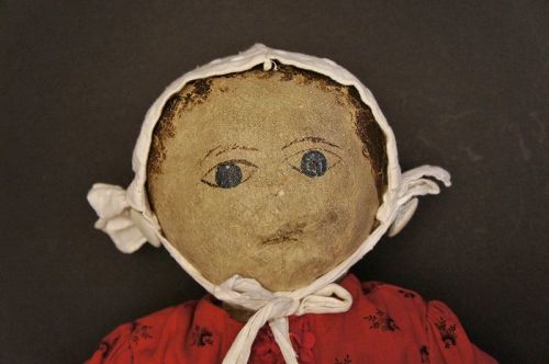 24" painted face 19th C .cloth doll red calico dress white bonnet