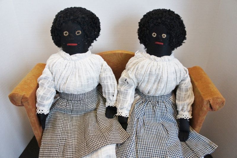 Antique black sister dolls looking precious in matching dresses 15&quot;
