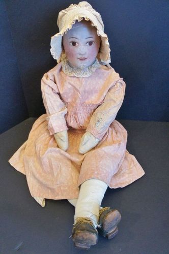 33" painted face cloth doll so beautiful big brown eyes C.1880-90