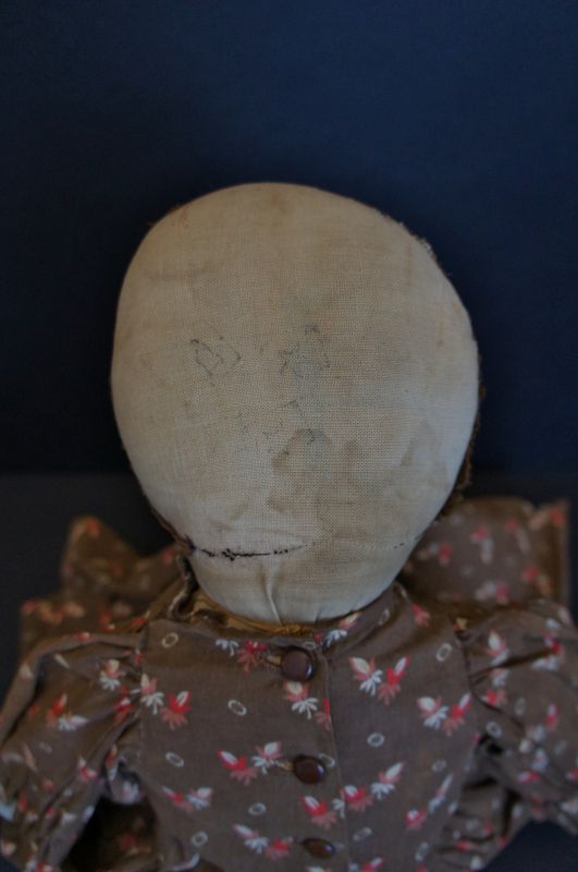 Old, antique, embroidered face, brown calico dress...doll 23&quot; 1890