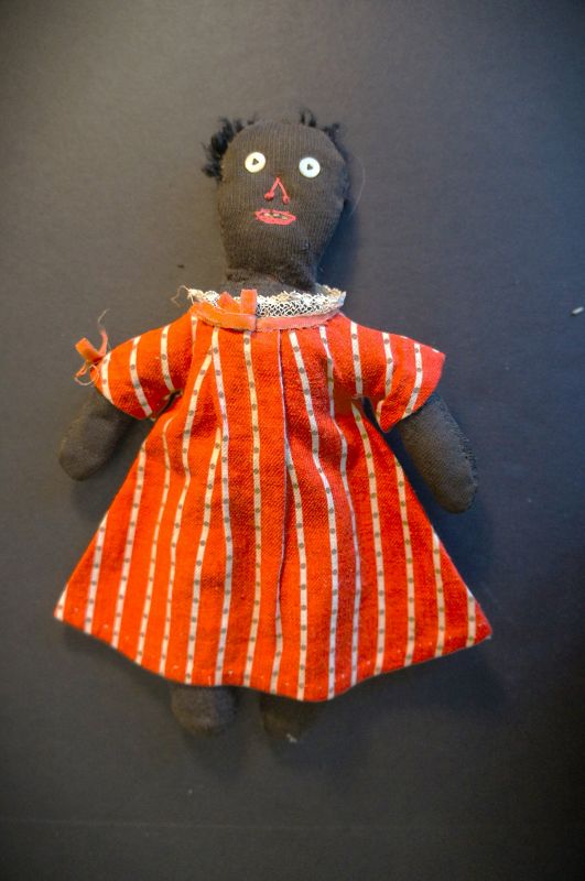 Tiny, cute, old, 9&quot;, C.1920 black stockinette doll