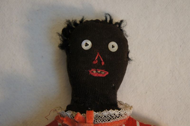 Tiny, cute, old, 9&quot;, C.1920 black stockinette doll