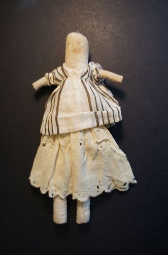 9" rolled linen doll all hand sewn and ink drawn face C.1870