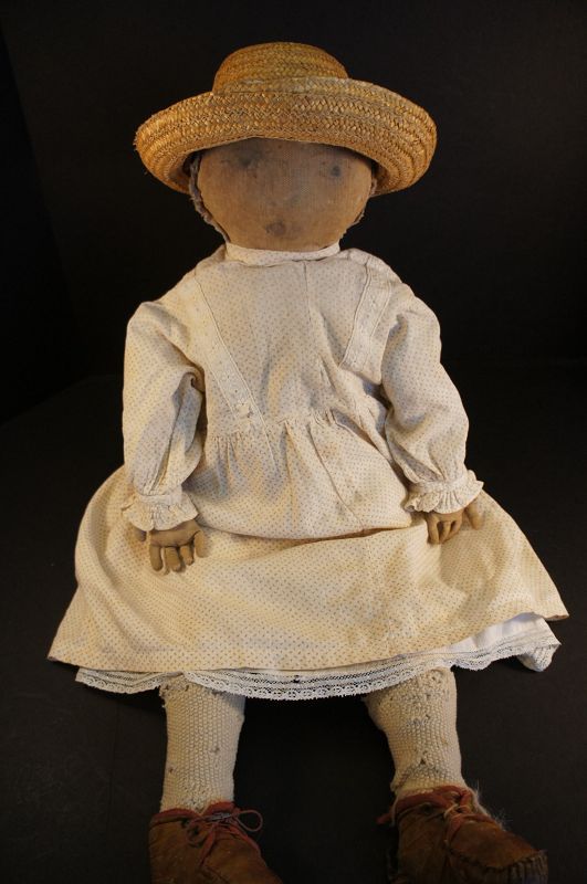 Plain Jane meets happiness, big heavy early rag stuffed doll 1880's