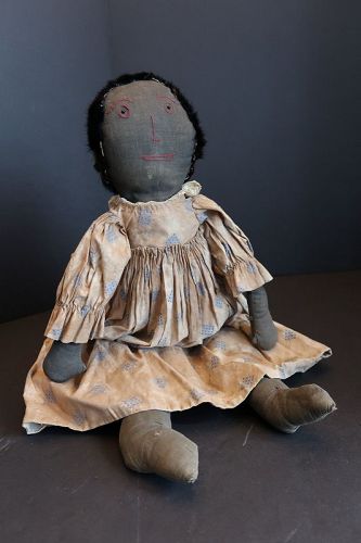 19th C. black cloth doll, embroidered face, pelt hair, coast of Maine