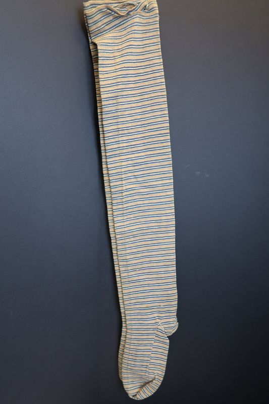 Mustard, blue and white woman's pair of 19th C. knitted socks 28&quot;