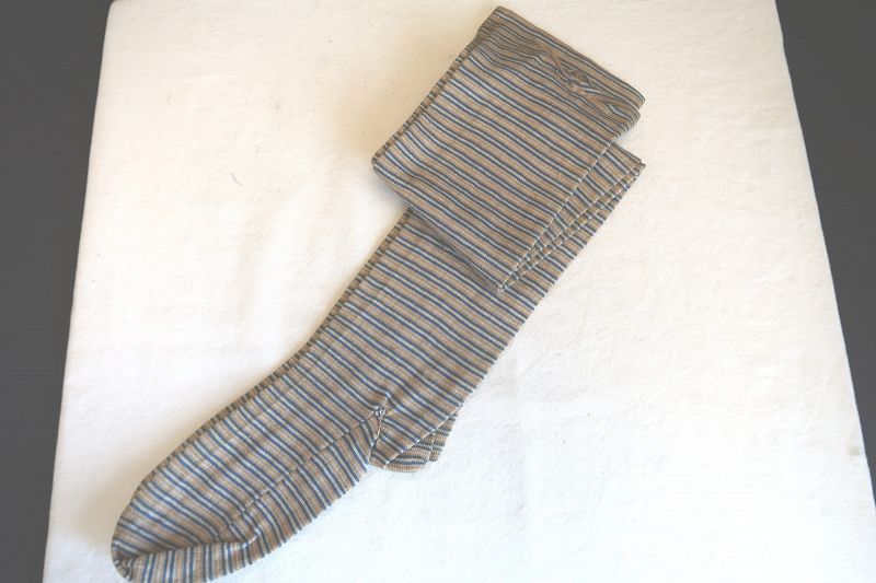 Mustard, blue and white woman's pair of 19th C. knitted socks 28&quot;