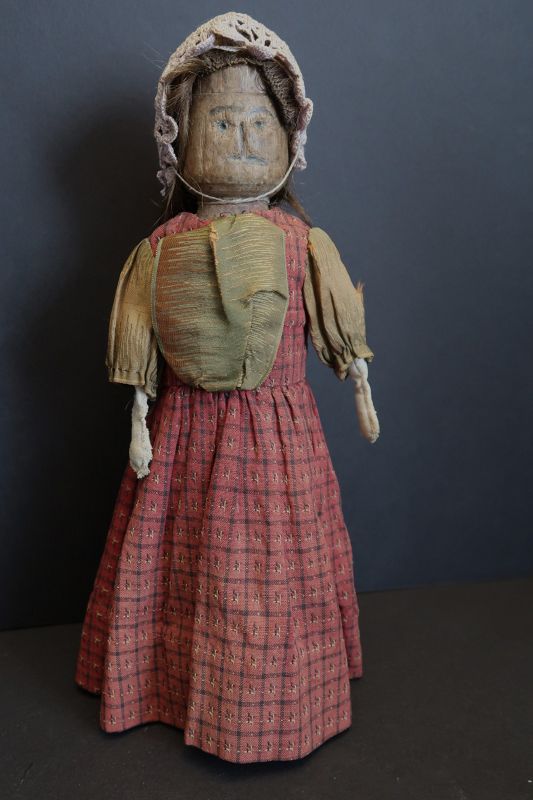 C1820 wooden bedpost doll with carved features 13&quot;