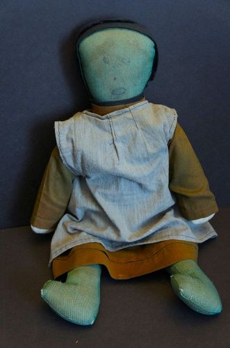 Hard to find blue fabric Amish doll , old and heavy 19"