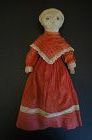 13" ink drawn face cloth doll with botton eyes and red calico dress