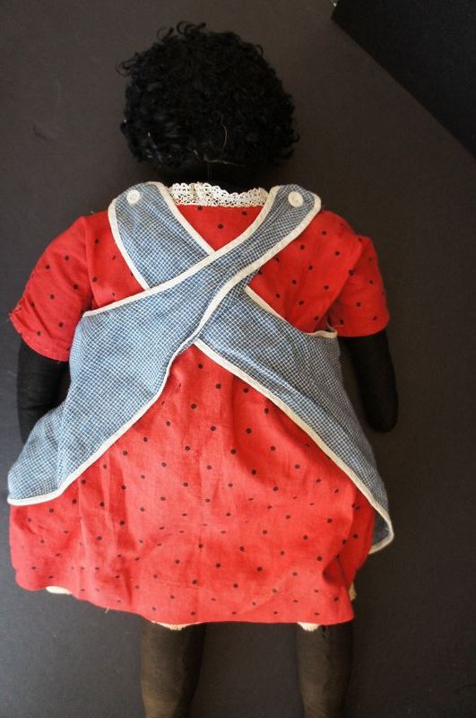 Great bold pretty embroidered face, BLACK CLOTH DOLL 27&quot; C.1890-1900