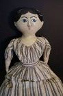 Blue eyed painted face beauty, antique cloth doll 22" C.1870-80