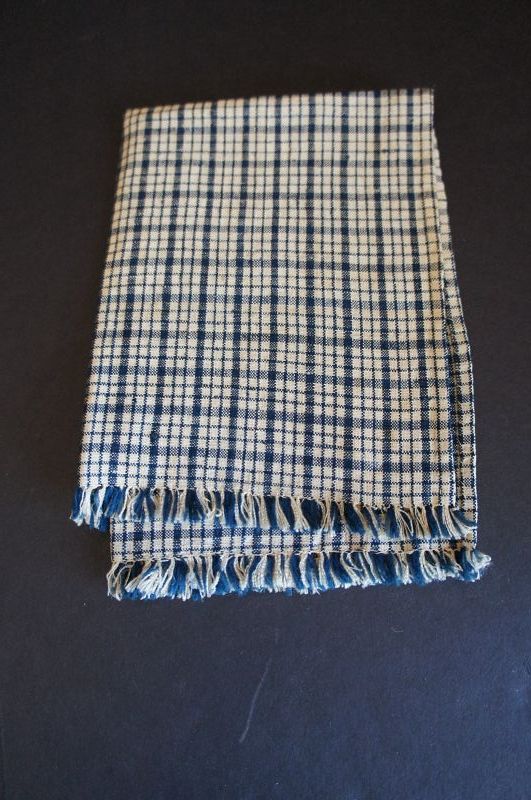 Dark blue and white Homespun towel with fringe ends. 1840