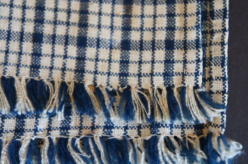 Dark blue and white Homespun towel with fringe ends. 1840