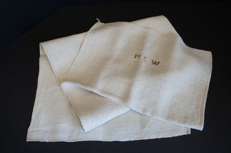 Heavy homespun linen towel with inititials MLW 1830-40