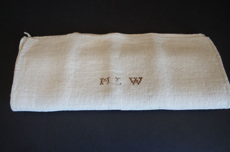 Heavy homespun linen towel with inititials MLW 1830-40