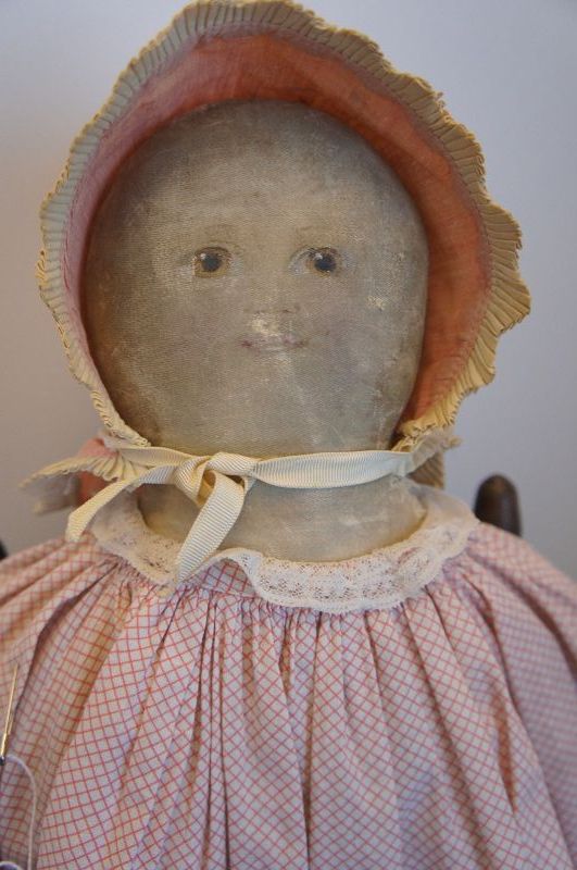 Painted face cloth doll with ink bonnet and dress 19&quot; Miss Sunshine