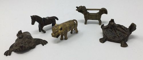A Group of Five Antique or Vintage Chinese Brass Animal Figures
