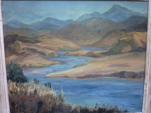 California art painting of dry hills and river by listed artist Dea Statham Berg (1908- 1991)