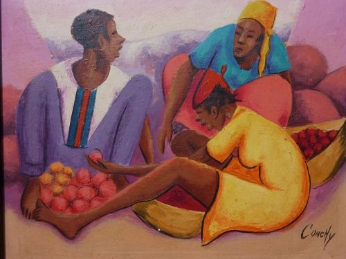 Colorful Haitian painting of a three women at a market selling oranges