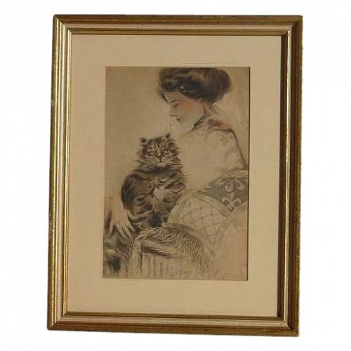 Cat art circa 1910 watercolor painting of a young lady with the cat signed J. I. Disney