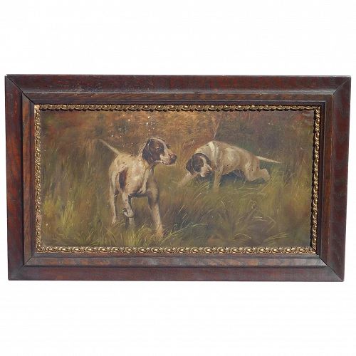 Dog sporting art two English Pointer dogs outdoor scene old oil painting
