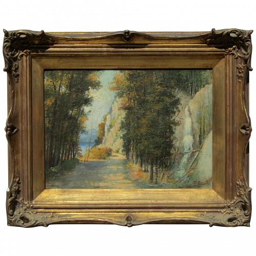 E.Coviello impressionist landscape painting of autumn trees small buff and waterfall