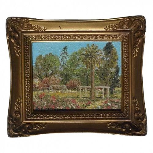 D. Lindman California small oil on board painting of flowering garden with palm and trees