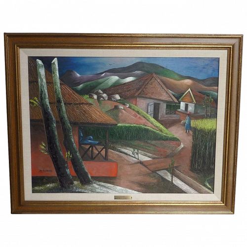 Jacques Enguerrand Gourgue (1930 -1992) important Haitian artist surrealist landscape oil painting