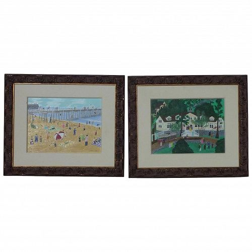 Pair of colorful park and  beach scenes primitive folk art style naive paintings