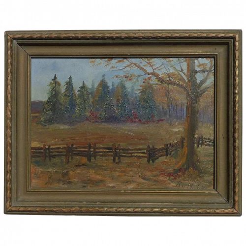 R. Noble American artist country side forest tree fence impressionist landscape painting